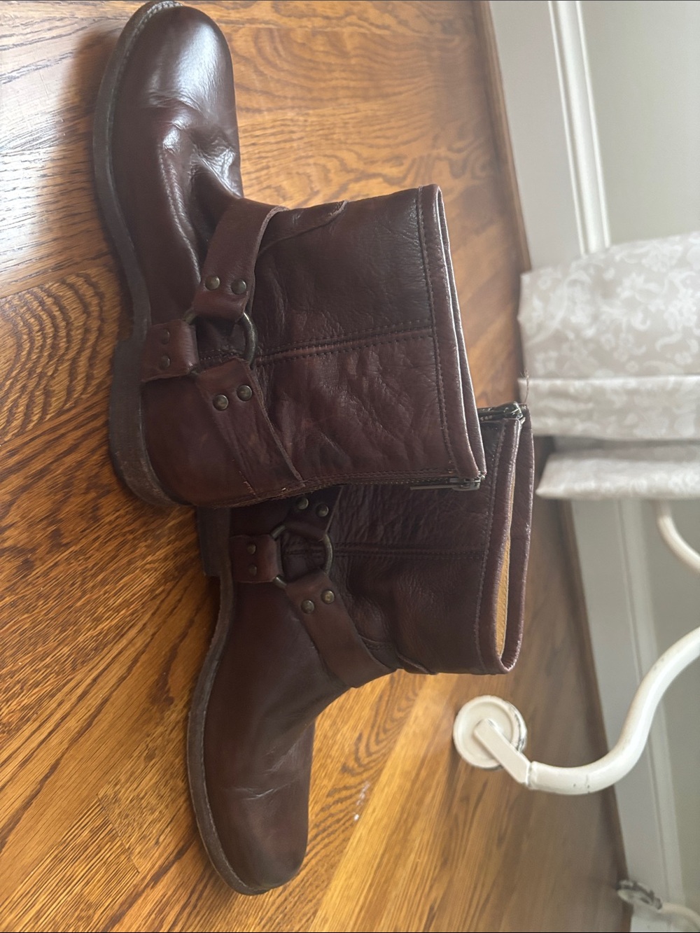 Frye Dark Brown Leather Harness Ankle Boots